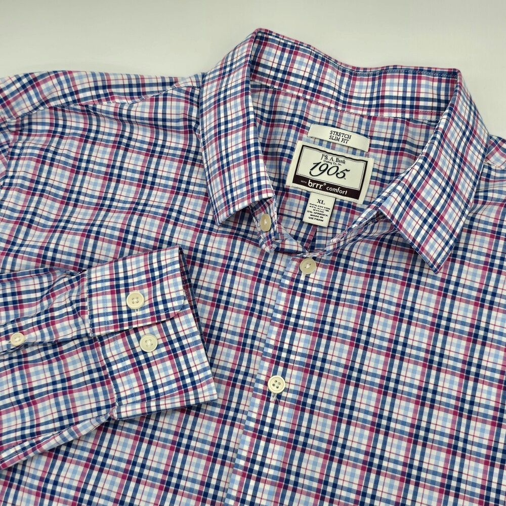 Jos. A Bank Shirt Men's XL Red Blue Plaid Slim Fit Stretch Brrr Comfort Tailored